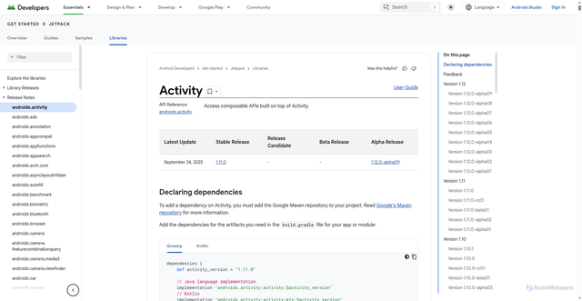 Security scan screenshot of https://developer.android.com/jetpack/androidx/releases/activity