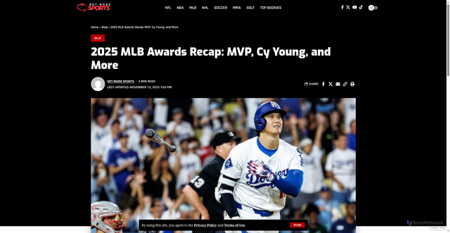 Security scan screenshot of https://www.getmoresports.com/2025-mlb-awards-recap-mvp-cy-young-and-more/