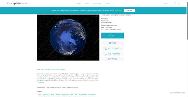 Security scan screenshot of https://www.sciencephoto.com/media/186385/view/the-arctic-at-night-satellite-image