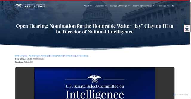 Security scan screenshot of https://www.intelligence.senate.gov/2026/06/10/closed-briefing-intelligence-matters-74/