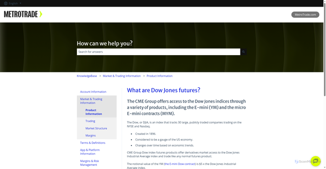 Security scan screenshot of https://help.metrotrade.com/kb/what-are-dow-futures