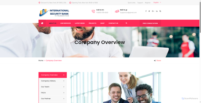 Security scan screenshot of http://intsecuritybn.com/company-overview.html