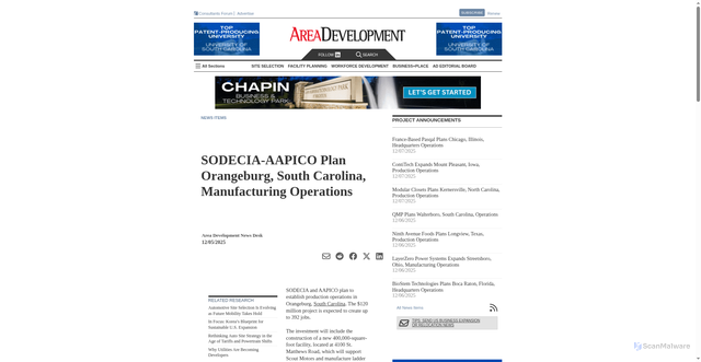 Security scan screenshot of https://www.areadevelopment.com/newsItems/12-5-2025/sodecia-aapico-orangeburg-south-carolina.shtml