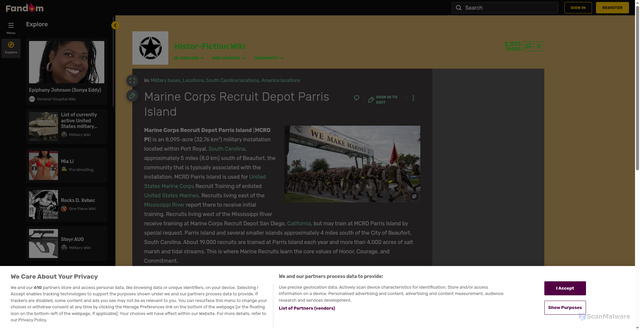 Security scan screenshot of https://historfiction.fandom.com/wiki/Marine_Corps_Recruit_Depot_Parris_Island
