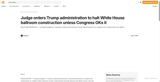 Security scan screenshot of https://essential.construction/news/judge-orders-trump-administration-to-halt-white-house-ballroom-construction-unless-congress-oks-it/?srsltid=AfmBOopddBn2Uw_XbqArRiqzotncjcxZxpOkZCYlcfL4Z54ClNukvxGO