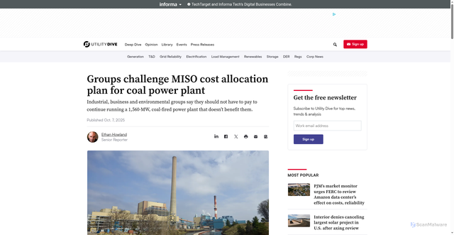 Security scan screenshot of https://www.utilitydive.com/news/ferc-doe-miso-cost-allocation-campbell-power-plant/802216/