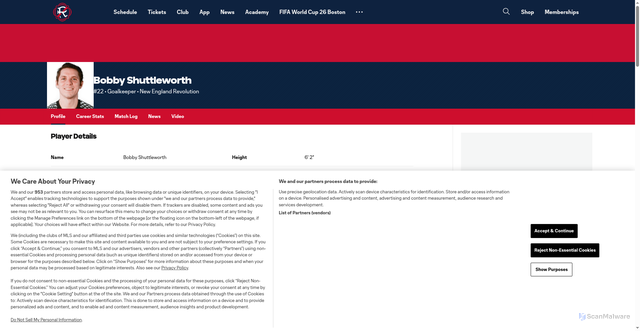 Security scan screenshot of https://www.revolutionsoccer.net/players/bobby-shuttleworth/