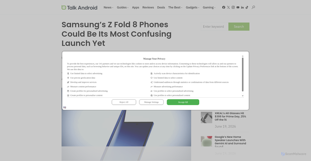 Security scan screenshot of https://www.talkandroid.com/526039-samsung-renames-zfold8-phones/