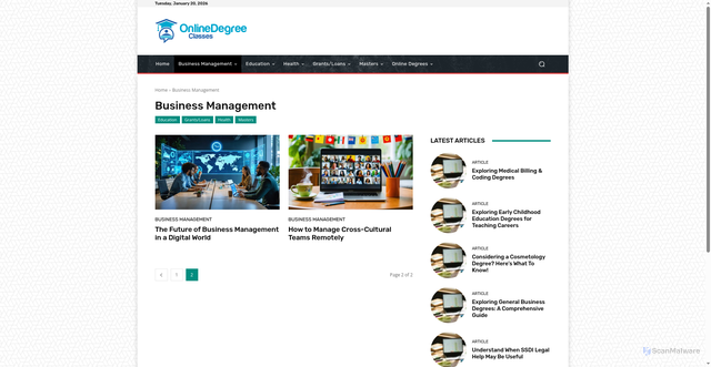 Security scan screenshot of https://onlinedegreeclasses.com/category/business-management/page/2/