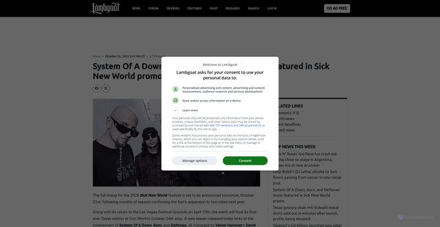 Security scan screenshot of https://lambgoat.com/news/50084/system-of-a-down-korn-and-deftones-music-featured-in-sick-new-world-promo/