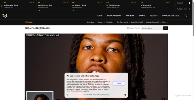 Security scan screenshot of https://millersvilleathletics.com/sports/football/roster/jalen-carter/11068