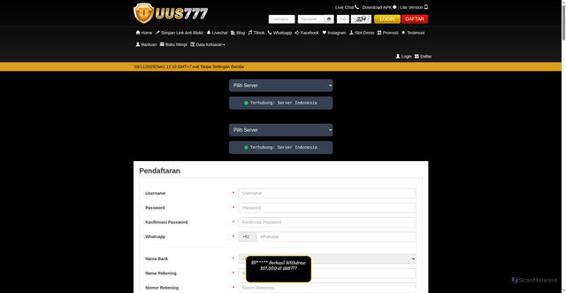 Security scan screenshot of https://xn--777-dklaqvay7iuabxf1huab8df1img1bla5hljc3czjb5vka2bp0g.xyz/daftar?device=desktop