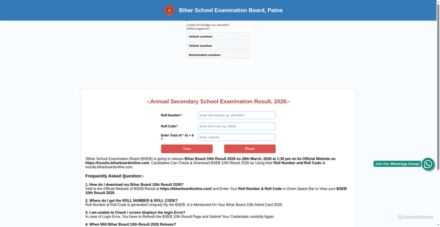 Security scan screenshot of https://results.biharboard.com.in/matric