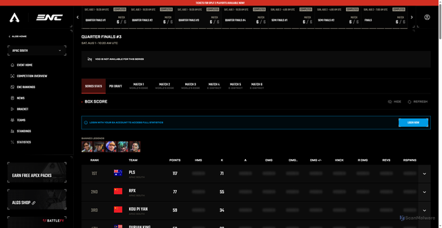 Security scan screenshot of https://algs.ea.com/en/enc-2026/enc-qualifier-apac-south/match/01KYXREG3EEG0H85ATCMSPEY0Z