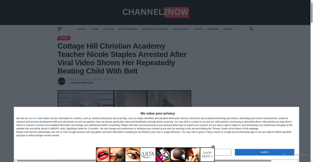 Security scan screenshot of https://channel2now.com/2025/11/19/article/news/crime/cottage-hill-christian-academy-teacher-nicole-staples-arrested-after-viral-video-shows-her-repeatedly-beating-child-with-belt/