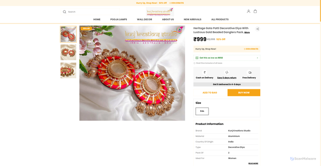 Security scan screenshot of https://kunjkreationsstudio.com/Heritage-Gota-Patti-Decorative-Diya-With-Lustrous-Gold-Beaded-Danglers/catalogue/fYdx6zQU/QJd4ZEMN