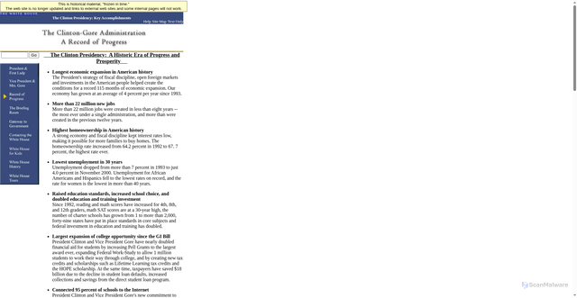 Security scan screenshot of https://clintonwhitehouse5.archives.gov/WH/Accomplishments/eightyears-01.html