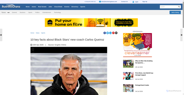 Security scan screenshot of http://www.businessghana.com/site/news/sports/346774/10-key-facts-about-Black-Stars%E2%80%99-new-coach-Carlos-Queiroz