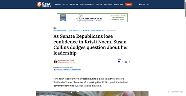 Security scan screenshot of https://themainemonitor.org/collins-dodges-question-noem-leadership/