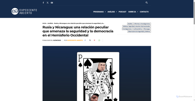 Security scan screenshot of https://www.expedienteabierto.org/rusia-y-nicaragua-una-relacion-peculiar-que-amenaza-la-seguridad-y-la-democracia-en-el-hemisferio-occidental/