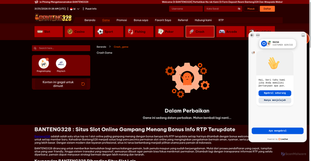 Security scan screenshot of https://banteng328pdip.live/games/crash_game