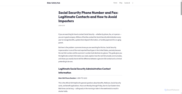 Security scan screenshot of https://senior-safety.pages.dev/blog/social-security-contact-information-scam-warning