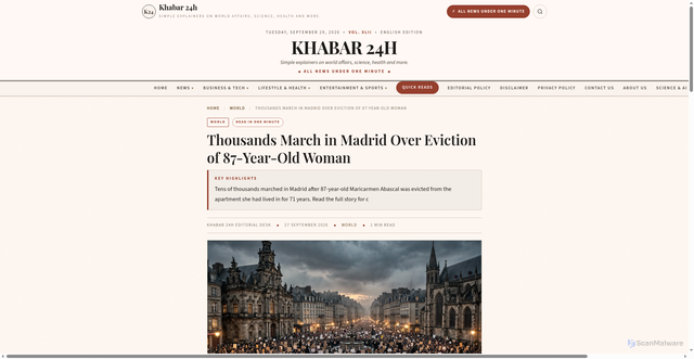 Security scan screenshot of https://khabar24h.com/world/thousands-march-in-madrid-over-eviction-of-87-year-old-woman/