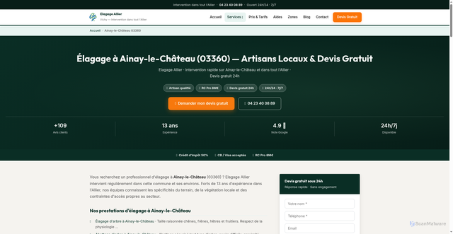 Security scan screenshot of https://elagage-abattage-allier.fr/elagage-ainay-le-chateau-03360/
