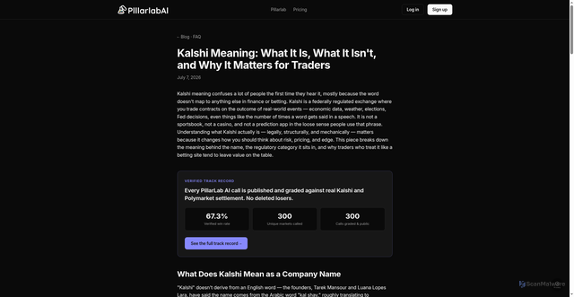 Security scan screenshot of https://pillarlabai.com/blog/kalshi-meaning-what-it-is/