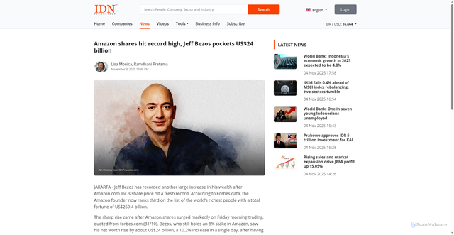 Security scan screenshot of https://www.idnfinancials.com/news/58402/amazon-shares-hit-record-high-jeff-bezos-pockets-us24-billion