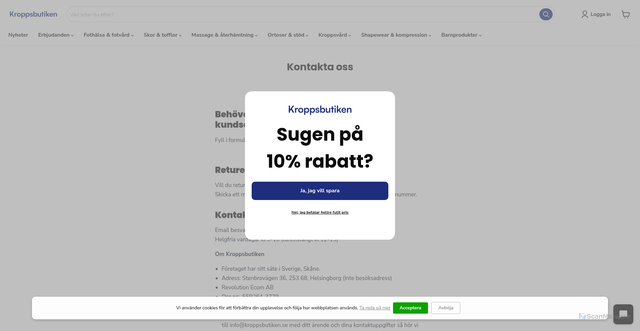 Security scan screenshot of https://kroppsbutiken.se/pages/kontakta-oss?utm_source=Klaviyo&utm_medium=email&_kx=u2HszHdrGL0ko1AOBaw8Hz_zGjMiRUOnyG-u68ldHJo.V2UBpU