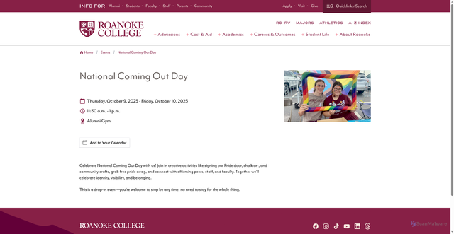 Security scan screenshot of https://www.roanoke.edu/events/national_coming_out_day_x72954