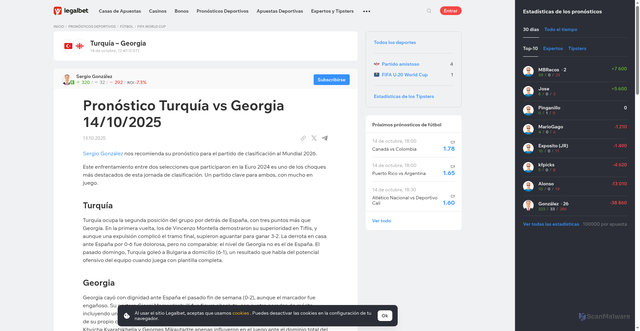 Security scan screenshot of https://legalbet.mx/pronosticos-deportivos/pronostico-turquia-vs-georgia-14102025-sergio-gonzalez/