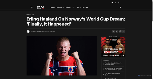 Security scan screenshot of https://empirecombatpass.com/haaland-world-cup-norway-2026/