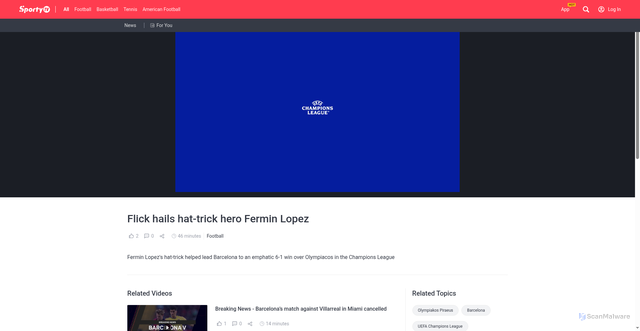 Security scan screenshot of https://sporty.com/news/video/flick-hails-hat-trick-hero-fermin-lopez/16hj2yljxg7or1mfkk9bscdw6j