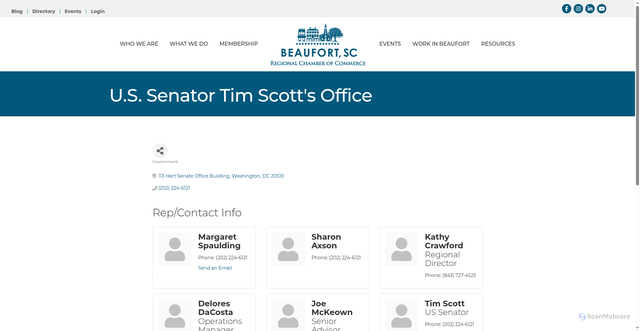 Security scan screenshot of https://business.beaufortchamber.org/list/member/u-s-senator-tim-scott-s-office-washington-6468