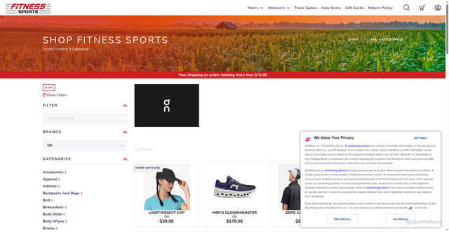 Security scan screenshot of https://shop.fitnesssports.com/brand/35477/on