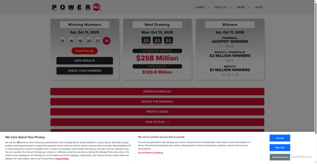 Security scan screenshot of https://www.powerball.com/