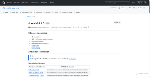 Security scan screenshot of https://github.com/joomla/joomla-cms/releases/tag/6.1.0