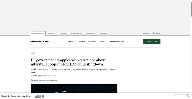Security scan screenshot of https://defensescoop.com/2025/11/04/3i-atlas-comet-us-government-monitoring-mysterious-interstellar-object/