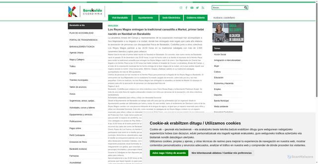 Security scan screenshot of https://www.barakaldo.eus/portal/web/barakaldo/detalle/-/asset_publisher/Fsi7/content/20260105-los-reyes-magos-entregan-la-tradicional-canastilla-a-markel-primer-bebe-nacido-en-navidad-en-barakaldo