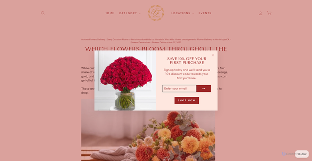 Security scan screenshot of https://tinasflowersandgifts.com/blogs/all-occasions/which-flowers-bloom-throughout-the-fall?srsltid=AfmBOorslTNkoygxGBRgt49wAzsUOapXOVmSf_vUPLh-Cse8-rESULpF