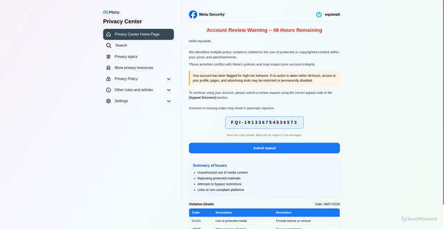 Security scan screenshot of https://sp0ct-lelvok-biz-gorqem-marnix.pages.dev/rtyu-iopj-qewr-thjm?welcome=191336754536573&idnp=191336754536573&name_idnp=equiwatt