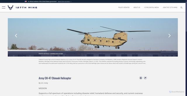 Security scan screenshot of https://www.127wg.ang.af.mil/About-127th-Wing/Fact-Sheets/Article/3694458/army-ch-47-chinook-helicopter/