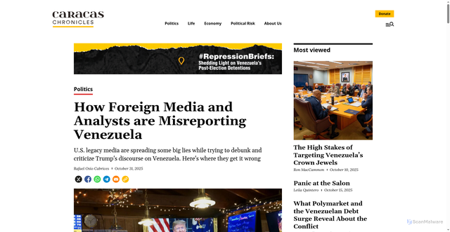 Security scan screenshot of https://www.caracaschronicles.com/2025/10/31/how-foreign-media-and-analysts-are-misreporting-venezuela/