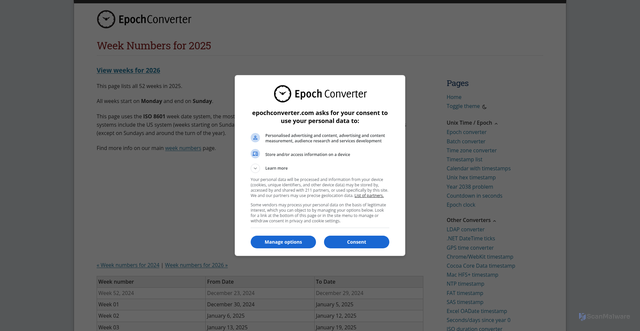 Security scan screenshot of https://www.epochconverter.com/weeks/2025