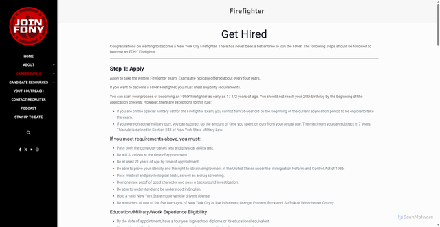 Security scan screenshot of https://www.joinfdny.com/careers/firefighter/