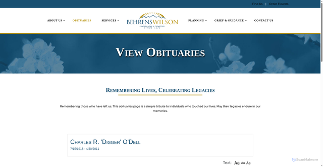 Security scan screenshot of https://www.behrenswilson.com/obituaries/charles-r-digger-odell/