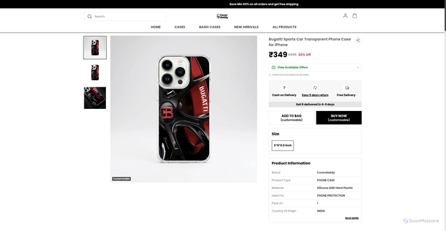 Security scan screenshot of https://coverdaddy.co.in/Bugatti-Sports-Car-Transparent-Phone-Case-for-iPhone/catalogue/C6i46Shk/1X-u11ju