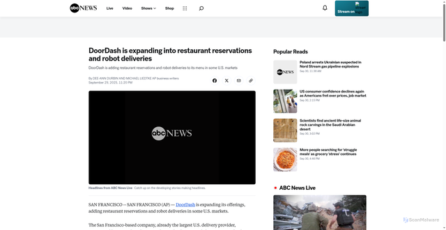 Security scan screenshot of https://abcnews.go.com/US/wireStory/doordash-expanding-restaurant-reservations-robot-deliveries-126075351